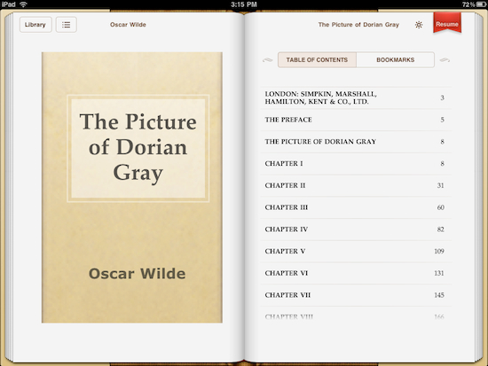 iBooksin jäljellä olevian sivujen määrä ei hupene, vaikka kuinka lukisi. Sisällysluettelo näyttää paperisivulta, mutta sitä selataan vierittämällä.