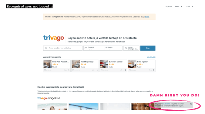 Trivago previsous searches