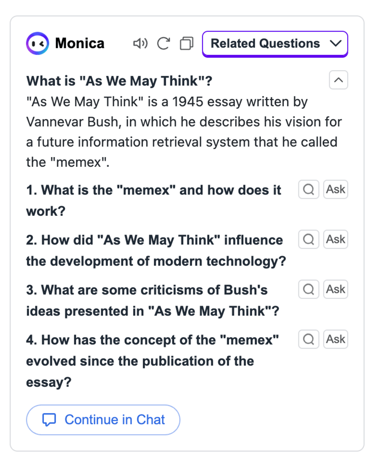 Screenshot of Monica plugin showing a summary of the article As we may think