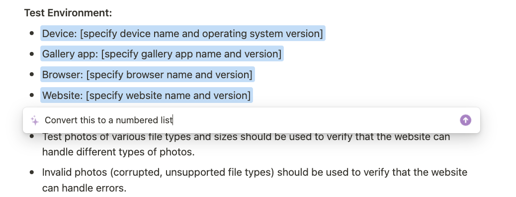 Screenshot of Notion with an unordered list selected and a prompt: Convert this to a numbered list