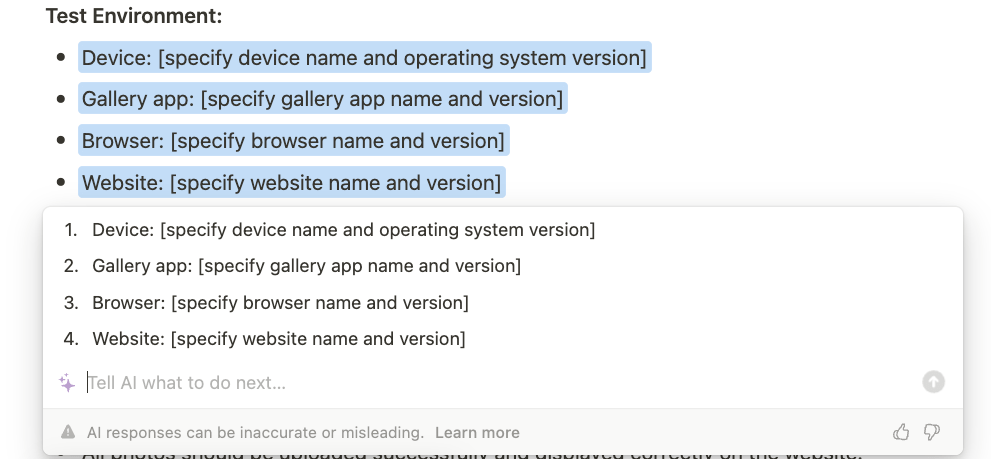 Screenshot of Notion with a list that the AI has converted to a numbered list