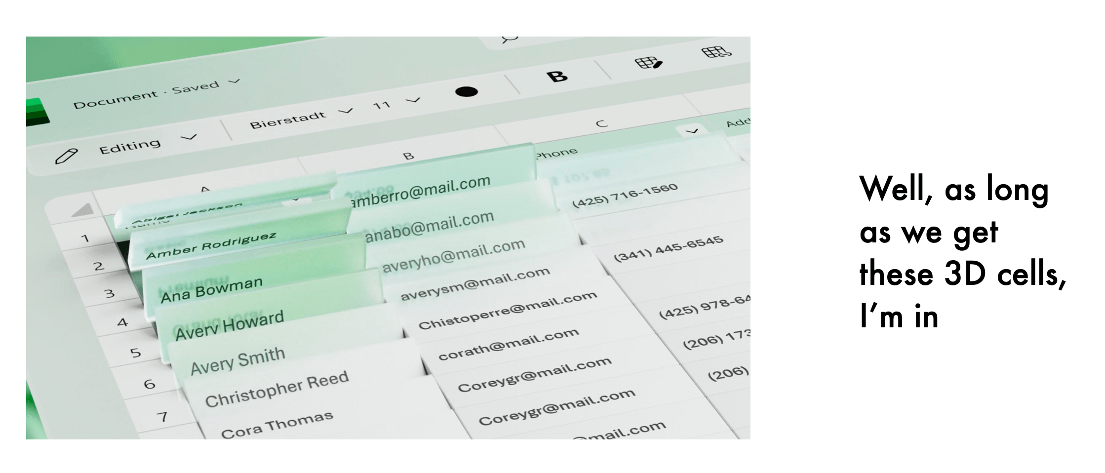 Screenshot of Microsoft promo video showing a fancy effect of Excel cells that flip over in 3D and a text that says: Well, as long as we get the 3D cells, I'm in.