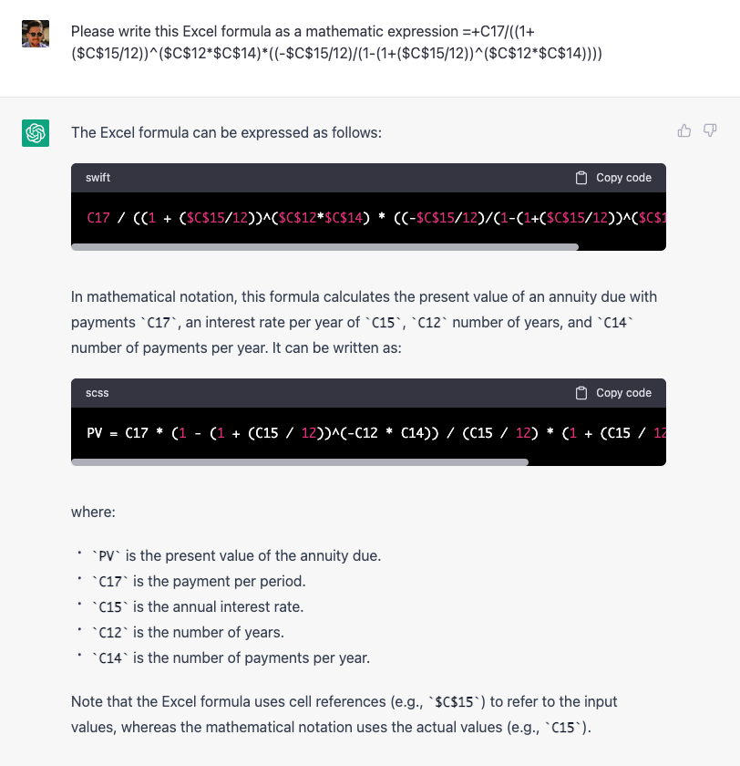 Screenshot of ChatGPT sorting out a confusing Excel formula about mortgage payments