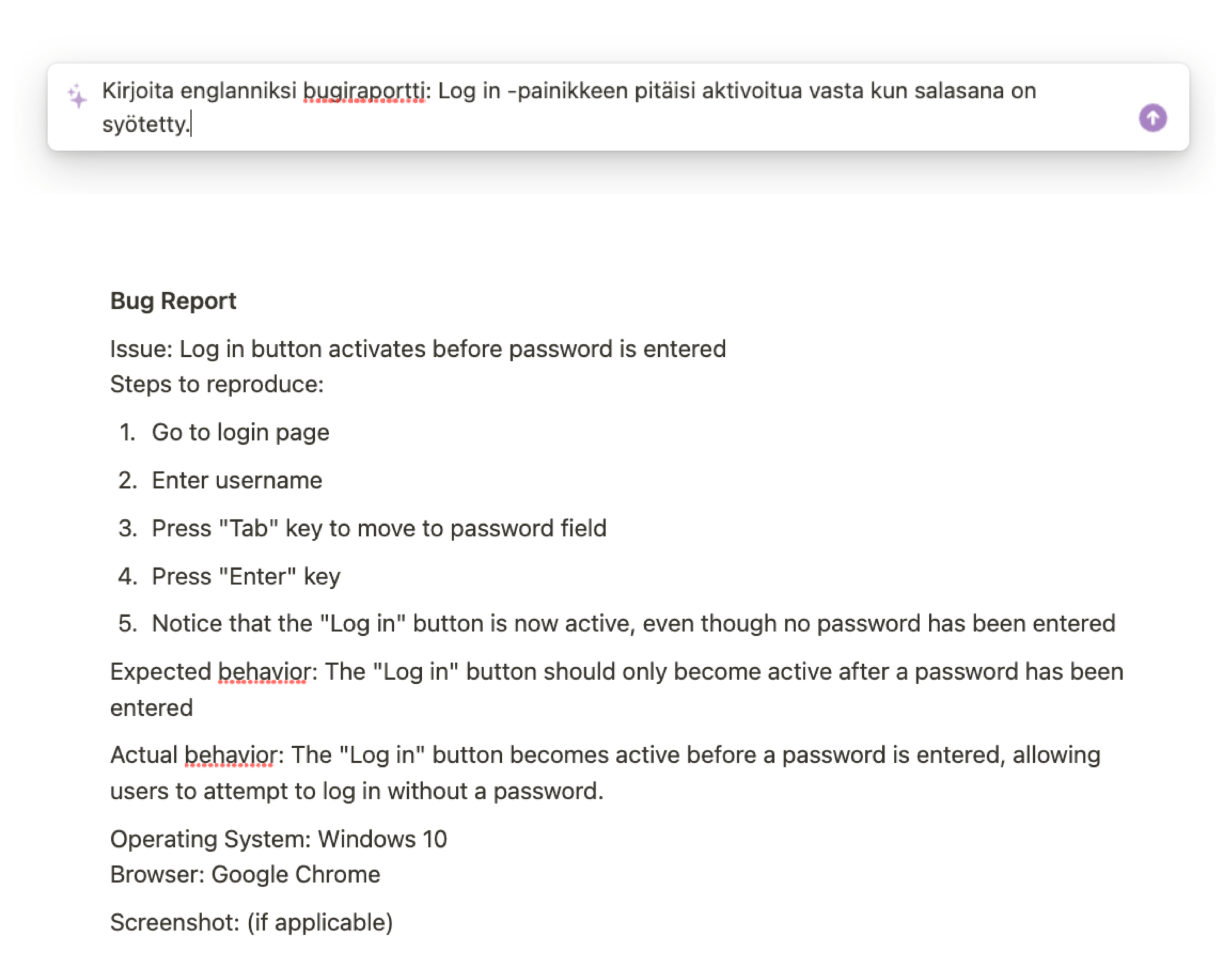 Screenshot of Notion: creating a proper bug report in English from a simple sentence in Finnish.