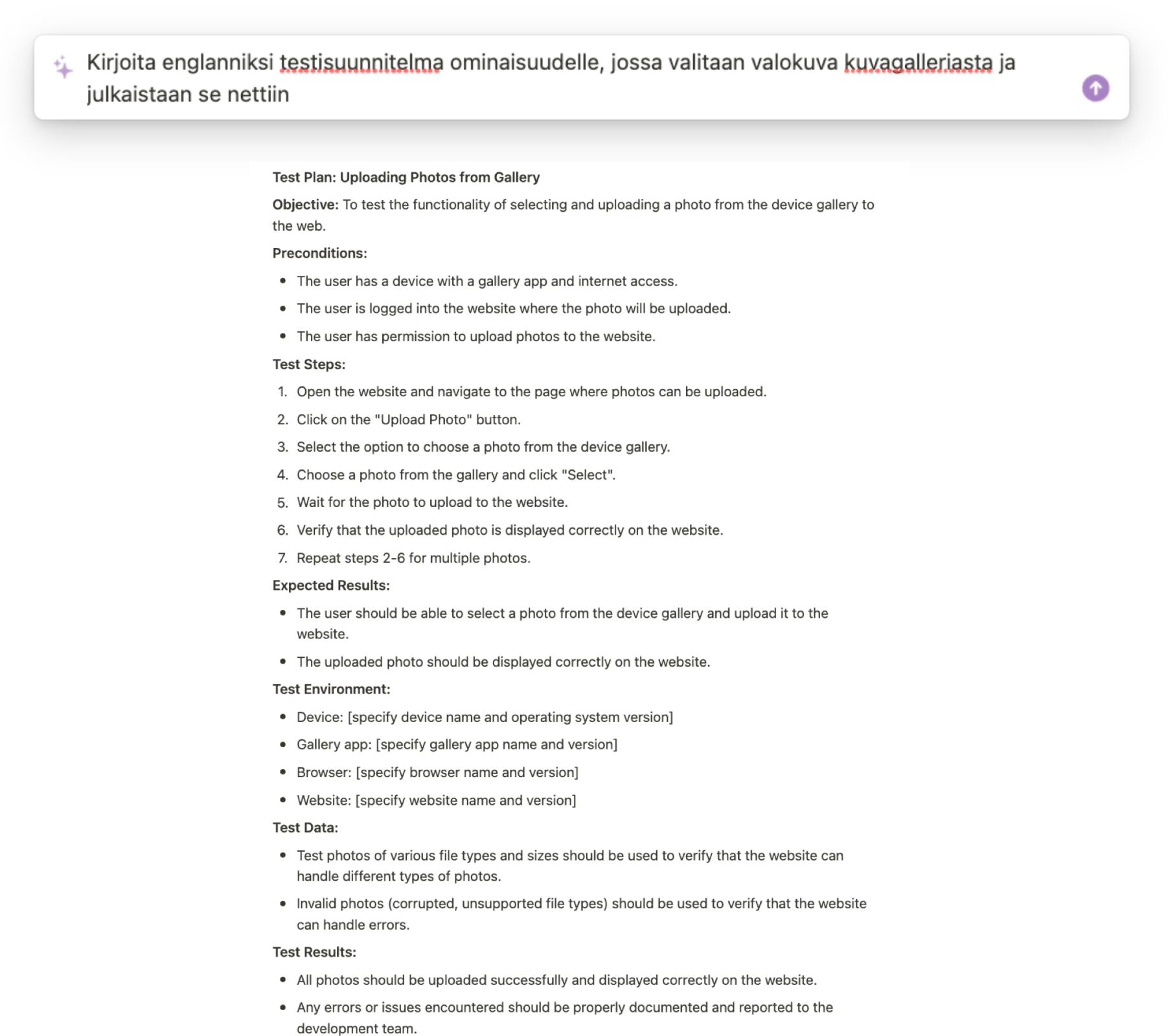 Screenshot of Notion: creating a proper test plan in English from a simple sentence in Finnish.