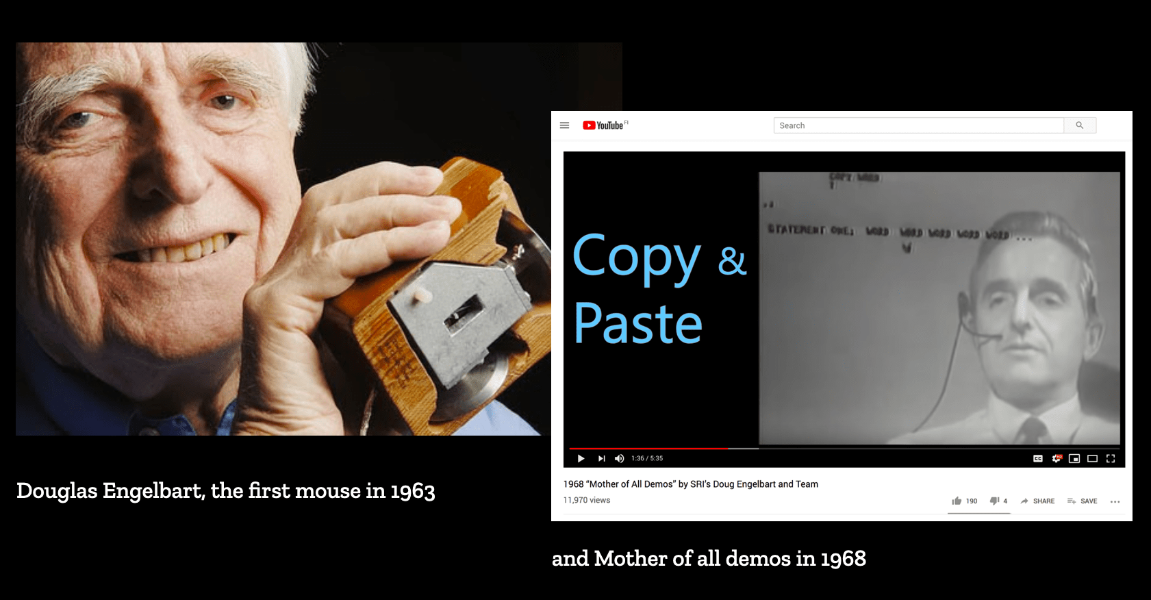Engelbart with his mouse and a screenshot of mother of all demos