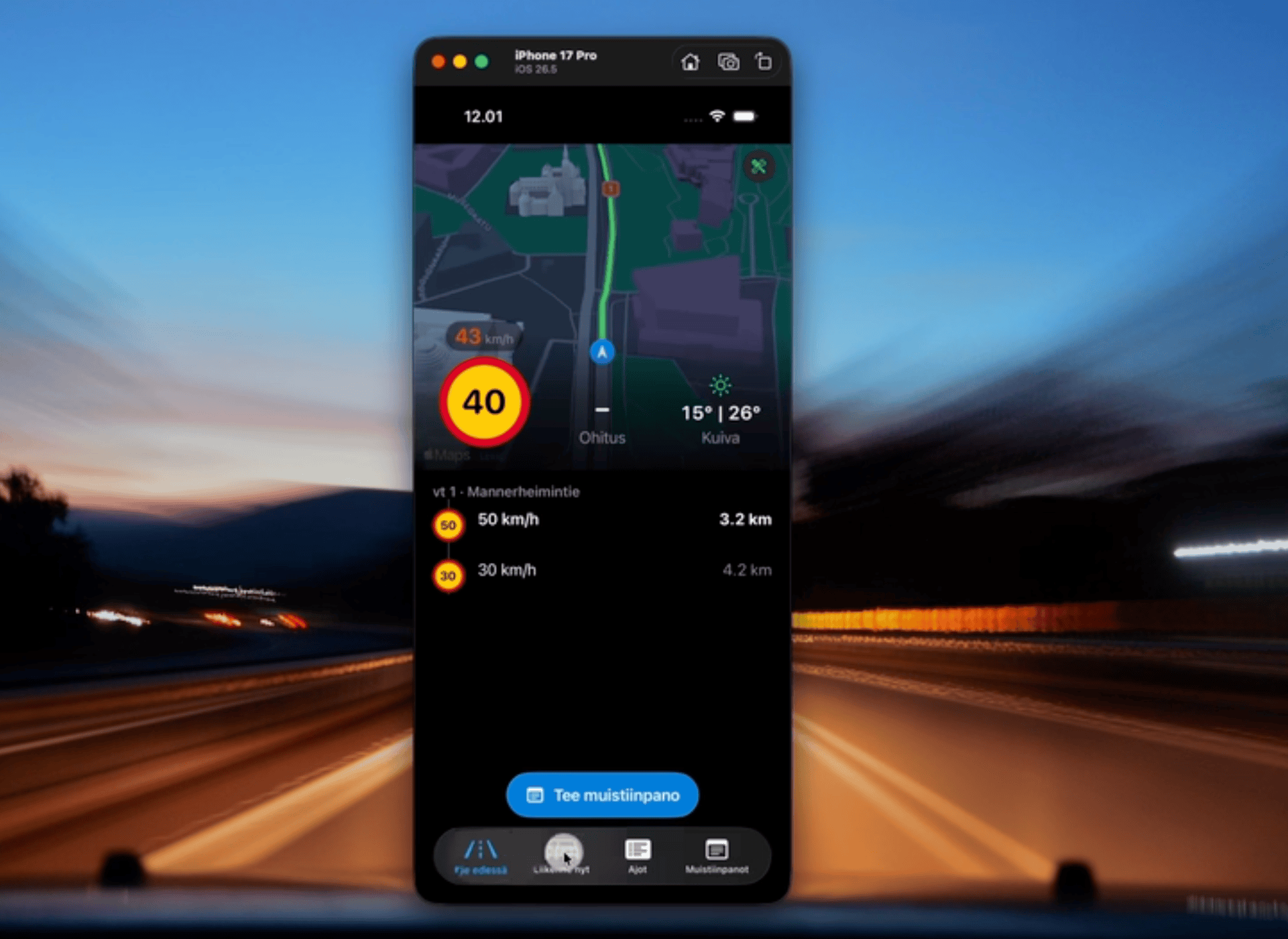 Navigointisovellus iPhone 17 Pro:ssä, näyttäen ajosuuntaa, nopeusrajoituksia ja säätietoja.